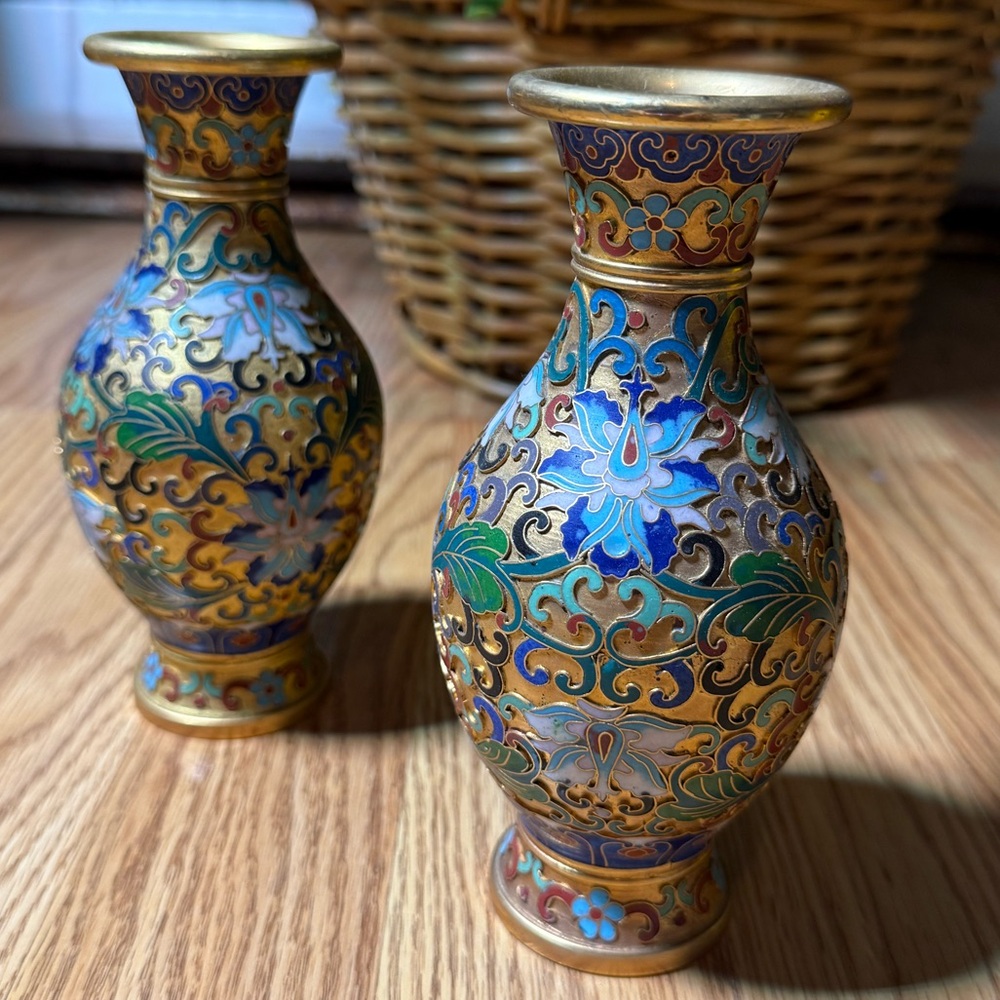 Pair of Handmade Vintage Gold Painted  Floral Miniature Cloisonné Vases
